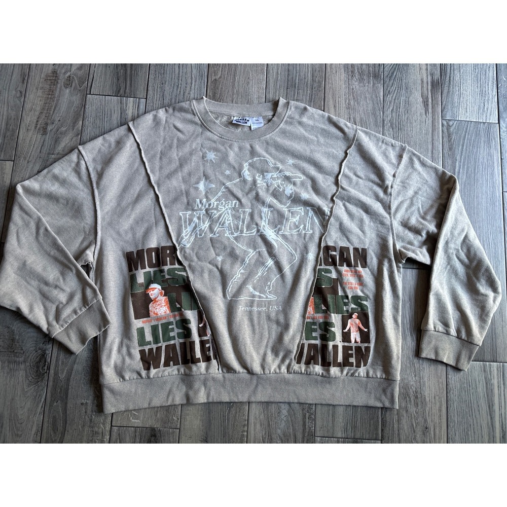 Morgan‎ Wallen Sweatshirt Mens 2XL Khaki New Deconstructed Graphic Tour Merch